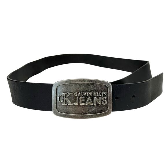 Calvin Klein Jeans Unisex Belt Black Leather w/ Large Metal Buckle Spellout Sz L - Picture 2 of 6